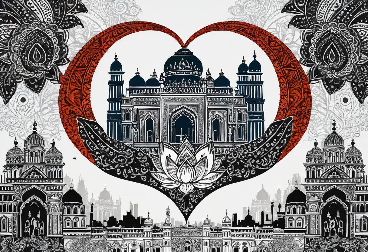 A heart-shaped collage depicting traditional Indian symbols like the lotus and paisley intertwined with modern elements such as urban couples holding hands, surrounded by vibrant colors that represent love and unity. The background features a blend of historic Indian architecture and a contemporary city skyline. super-realistic. vibrant colors. white background.