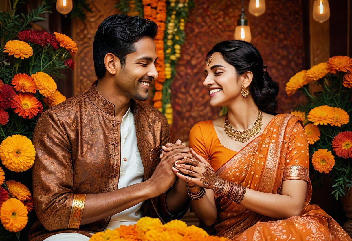 A heartfelt scene depicting an Indian couple together, surrounded by vibrant marigold flowers and intricate henna patterns reflecting their love and cultural connection. The couple is laughing and sharing a tender moment, with soft, warm lighting illuminating their faces. In the background, traditional Indian decor and textiles bring in a cozy ambiance. super-realistic. vibrant colors. warm tones.
