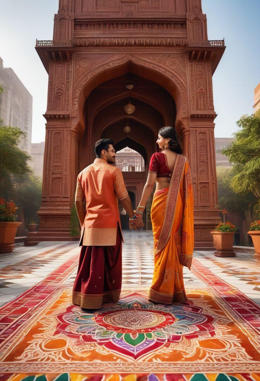 A beautiful fusion of traditional Indian symbols like henna designs, colorful rangoli, and elegant sarees intertwined with modern elements like urban couples holding hands in a vibrant city setting. The background should showcase a blend of iconic Indian architecture and contemporary skyscrapers, reflecting the harmony of past and present in love. Warm and inviting colors should dominate the scene to evoke feelings of intimacy and romance. super-realistic. vibrant colors. 3D.